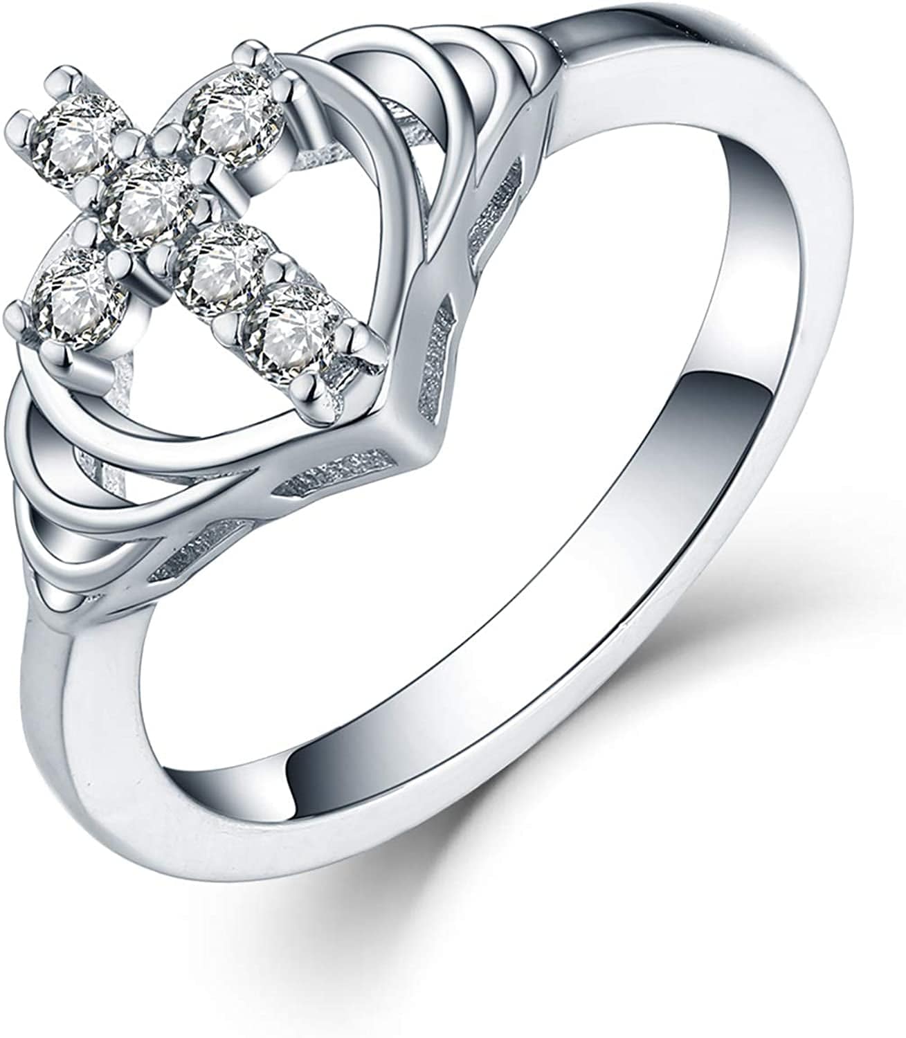 JO WISDOM 925 Sterling Silver Cubic Zirconia Heart Cross Ring April,Zirconia / 7
