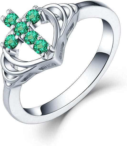 JO WISDOM 925 Sterling Silver Cubic Zirconia Heart Cross Ring May,Emerald Color / 5