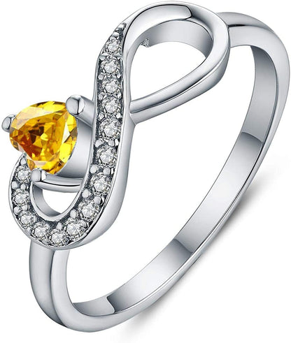 JO WISDOM Infinity Heart Promise Rings for Her Sterling Silver Friendship Ring November-golden topaz / 8