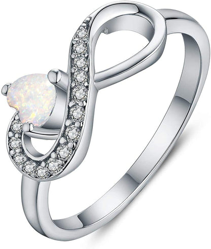 JO WISDOM Infinity Heart Promise Rings for Her Sterling Silver Friendship Ring October-white opal / 5