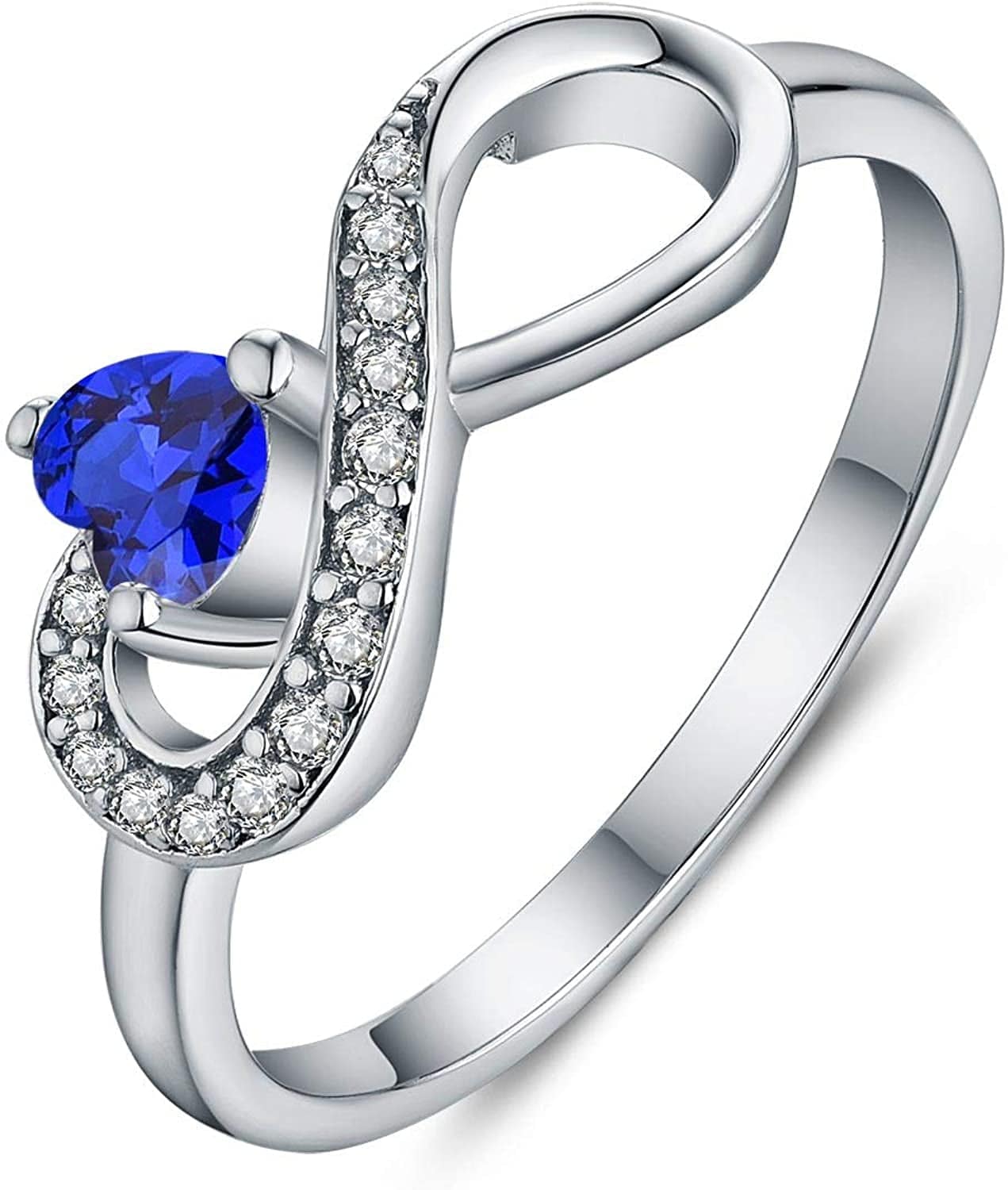 JO WISDOM Infinity Heart Promise Rings for Her Sterling Silver Friendship Ring Septemer-blue sapphire / 6
