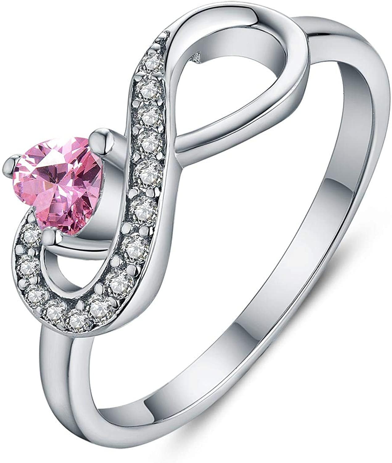 JO WISDOM Infinity Heart Promise Rings for Her Sterling Silver Friendship Ring Pink-October birthstone / 8