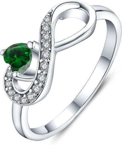 JO WISDOM Infinity Heart Promise Rings for Her Sterling Silver Friendship Ring Emeral-May Birthstone / 10