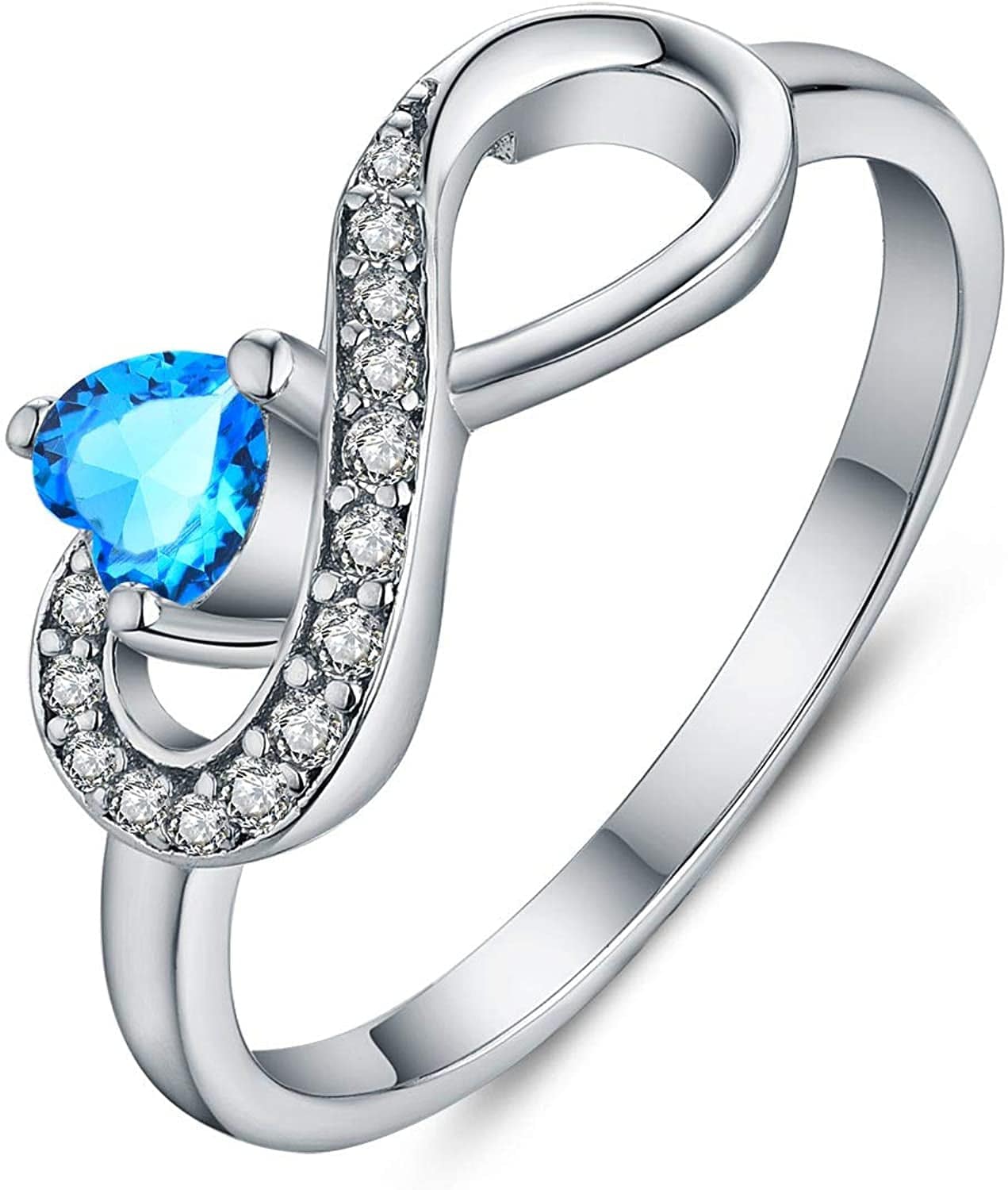 JO WISDOM Infinity Heart Promise Rings for Her Sterling Silver Friendship Ring December-Deep Aquamarine / 12