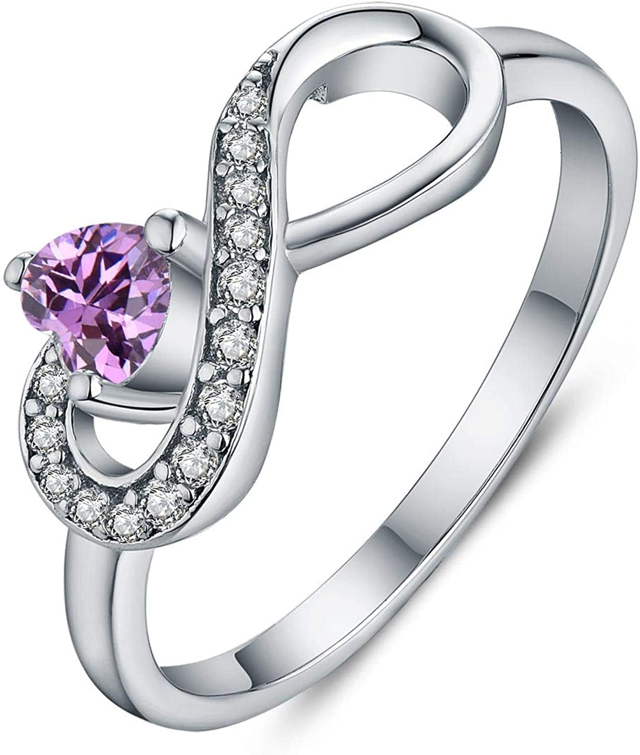 JO WISDOM Infinity Heart Promise Rings for Her Sterling Silver Friendship Ring Purple-June Birthstone / 10