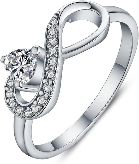 JO WISDOM Infinity Heart Promise Rings for Her Sterling Silver Friendship Ring White-April Birthstone / 8