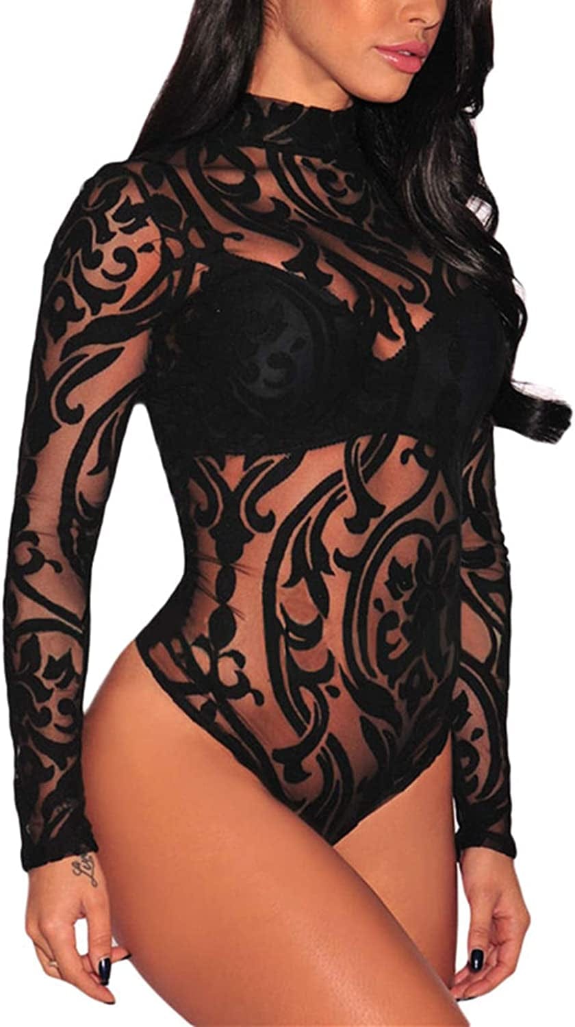 Jomedesign Women Black Sheer Mesh Long Sleeve Jumpsuit Bodysuits Clubwear Black 4 / Small