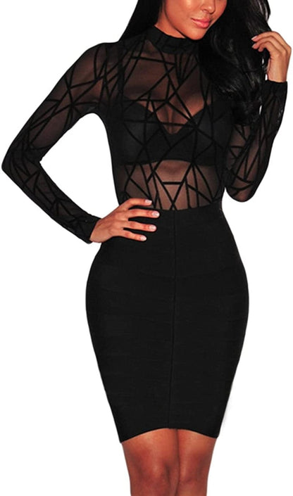 Jomedesign Women Black Sheer Mesh Long Sleeve Jumpsuit Bodysuits Clubwear