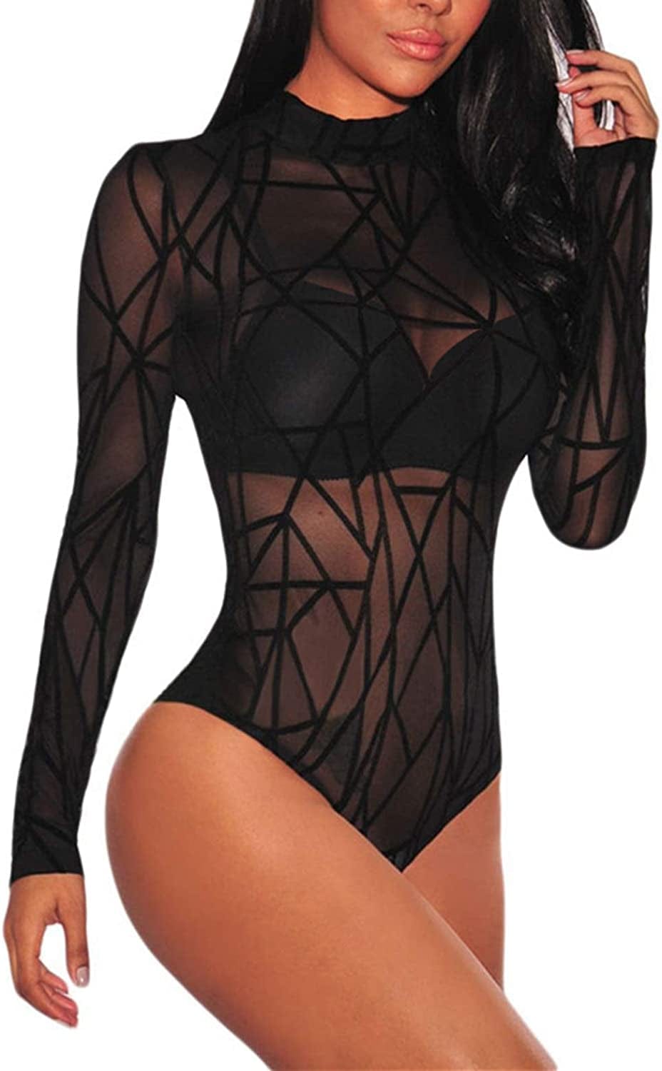 Jomedesign Women Black Sheer Mesh Long Sleeve Jumpsuit Bodysuits Clubwear Black 3 / Large