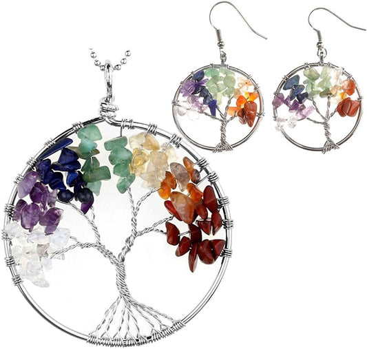 JOVIVI 7 Chakra Tree of Life Tumbled Gemstone Healing Crystals Necklace & Earrings & Chakra Bracelet Sets, Mothers Day Gifts 3pcs: Tree of Life Necklace & Earrings