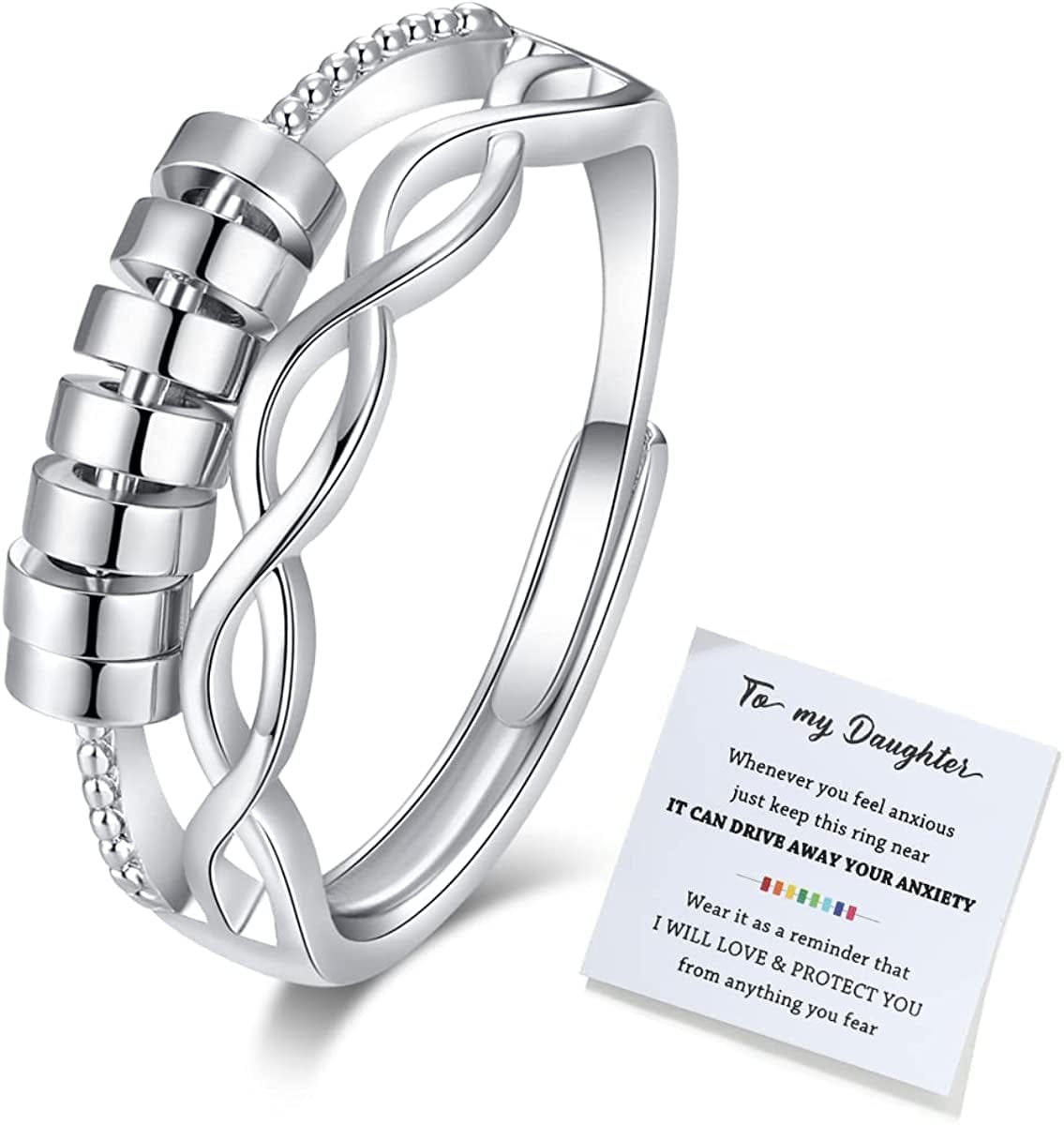 Junxin to My Daughter Fidget Ring for Anxiety, Fidget Rings for Anxiety for Women, Adjustable Stacking Anxiety Relief Rainbow Fidget Ring Jewelry Gifts