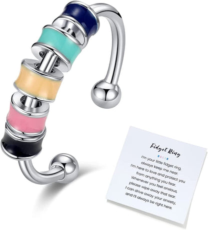 Junxin to My Daughter Fidget Ring for Anxiety, Fidget Rings for Anxiety for Women, Adjustable Stacking Anxiety Relief Rainbow Fidget Ring Jewelry Gifts