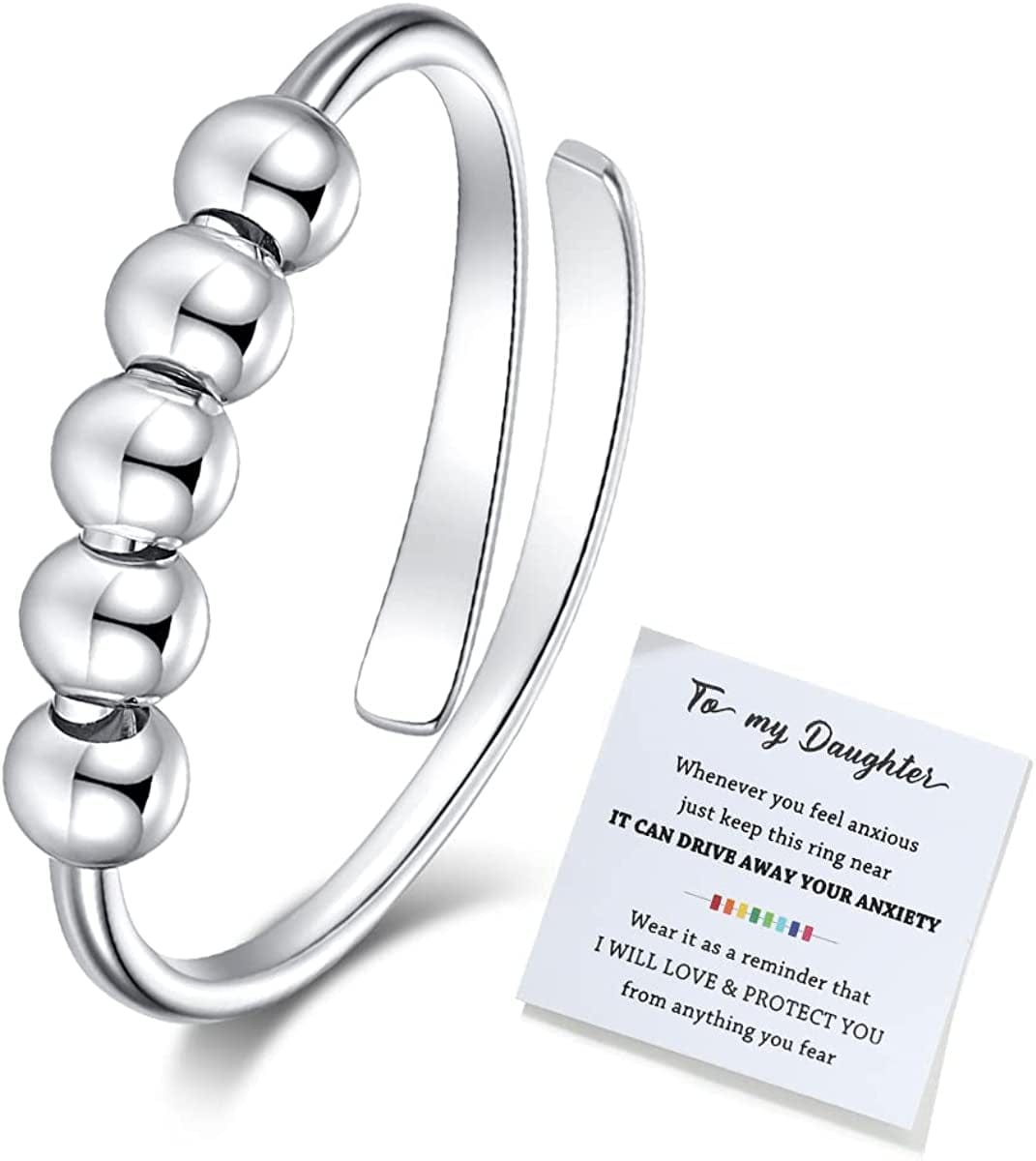 Junxin to My Daughter Fidget Ring for Anxiety, Fidget Rings for Anxiety for Women, Adjustable Stacking Anxiety Relief Rainbow Fidget Ring Jewelry Gifts