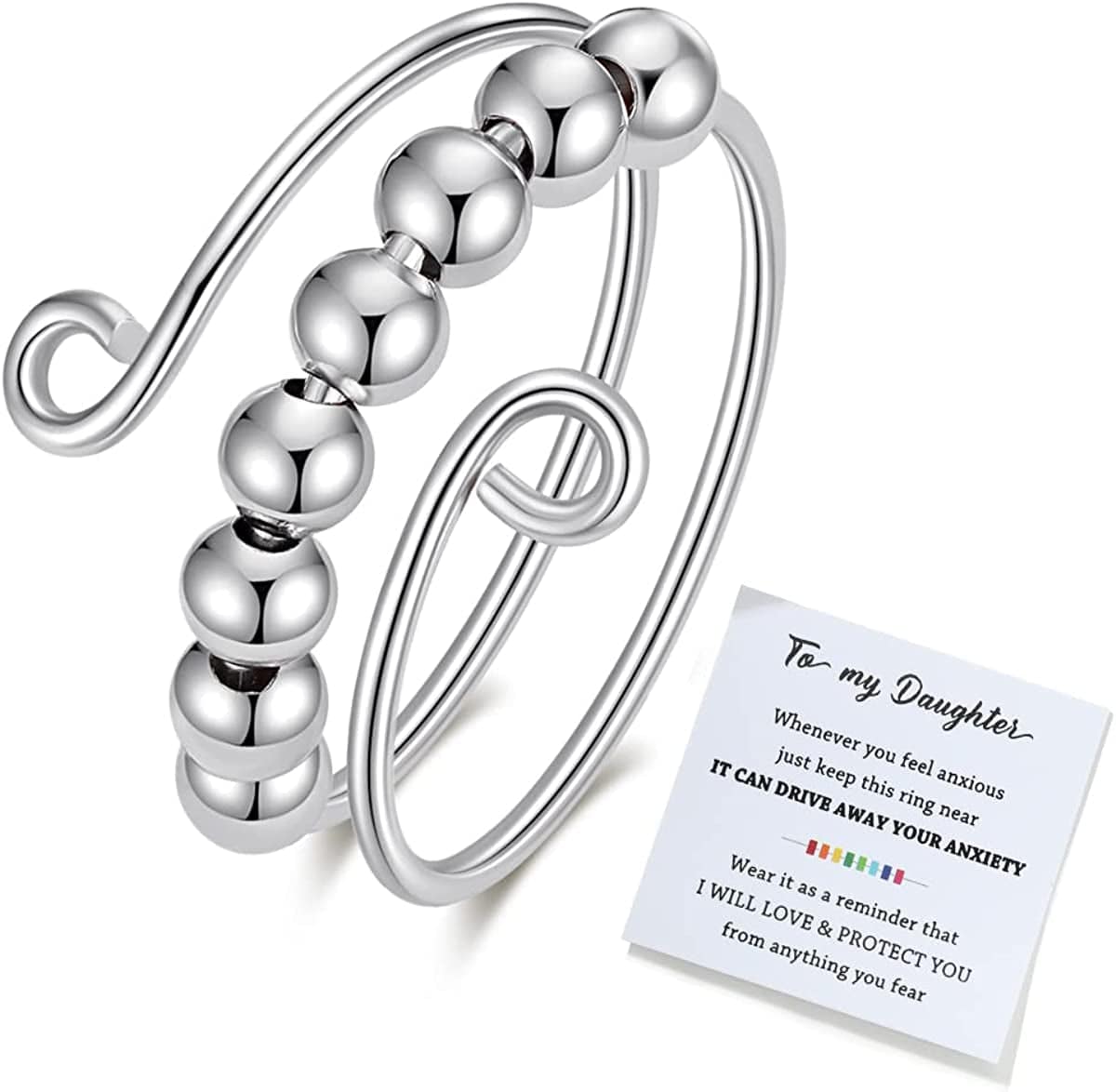 Junxin to My Daughter Fidget Ring for Anxiety, Fidget Rings for Anxiety for Women, Adjustable Stacking Anxiety Relief Rainbow Fidget Ring Jewelry Gifts