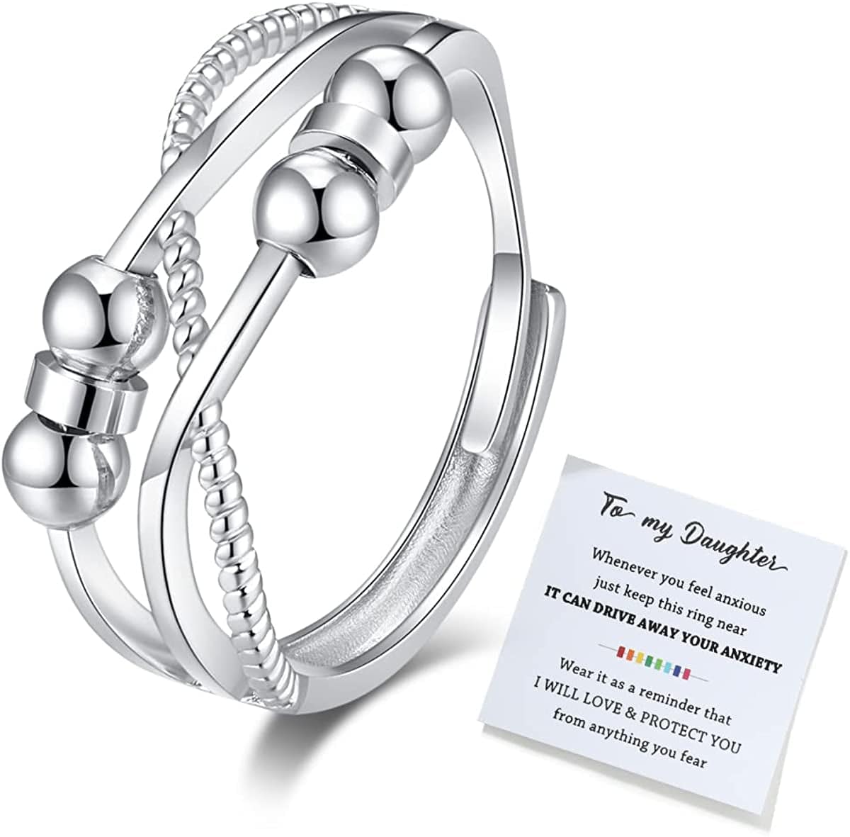 Junxin to My Daughter Fidget Ring for Anxiety, Fidget Rings for Anxiety for Women, Adjustable Stacking Anxiety Relief Rainbow Fidget Ring Jewelry Gifts
