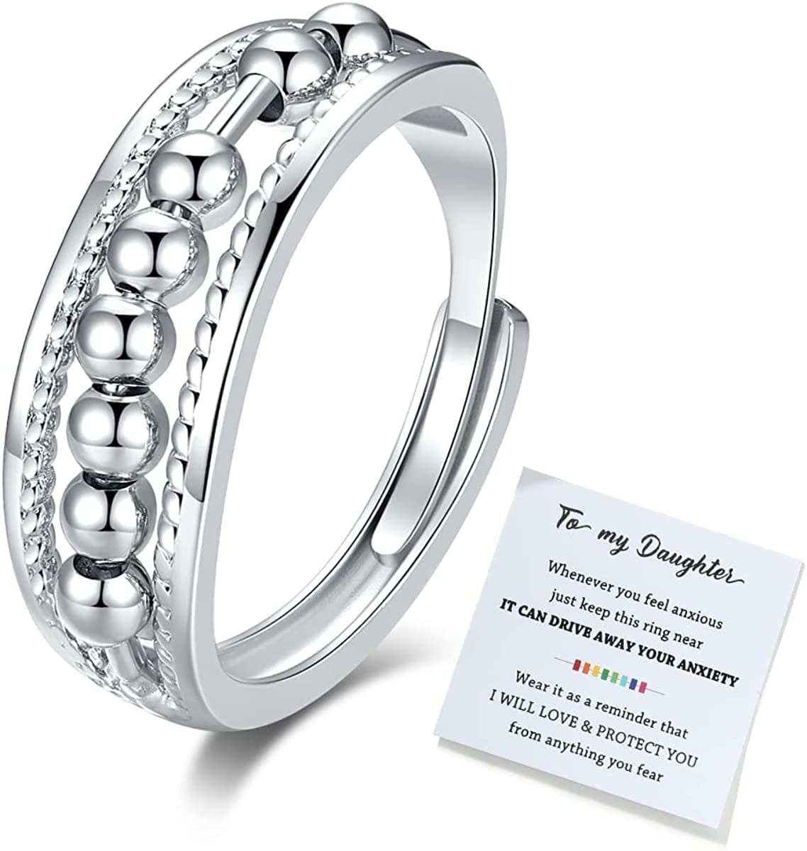 Junxin to My Daughter Fidget Ring for Anxiety, Fidget Rings for Anxiety for Women, Adjustable Stacking Anxiety Relief Rainbow Fidget Ring Jewelry Gifts