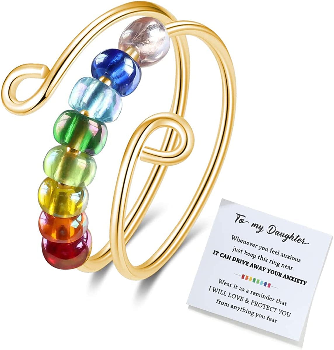 Junxin to My Daughter Fidget Ring for Anxiety, Fidget Rings for Anxiety for Women, Adjustable Stacking Anxiety Relief Rainbow Fidget Ring Jewelry Gifts