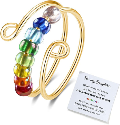 Junxin to My Daughter Fidget Ring for Anxiety, Fidget Rings for Anxiety for Women, Adjustable Stacking Anxiety Relief Rainbow Fidget Ring Jewelry Gifts