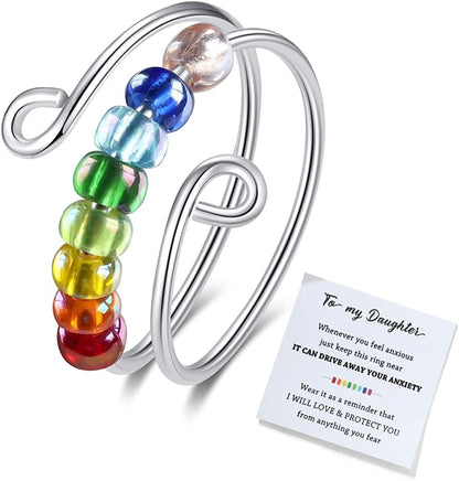 Junxin to My Daughter Fidget Ring for Anxiety, Fidget Rings for Anxiety for Women, Adjustable Stacking Anxiety Relief Rainbow Fidget Ring Jewelry Gifts Rainbow