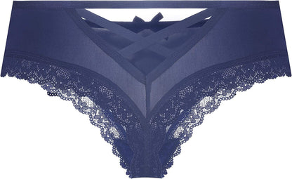 Justgoo Womens Lace G-String Thongs Panties Underwear Low Rise T-Back Underpants Blue / Small
