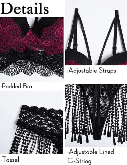 Kaei&Shi Tassel Woven Skirt, Long Lace Gloves, Cami Padded Top, 4 Pieces Exotic Lingerie