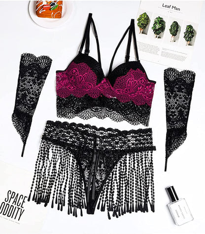 Kaei&Shi Tassel Woven Skirt, Long Lace Gloves, Cami Padded Top, 4 Pieces Exotic Lingerie