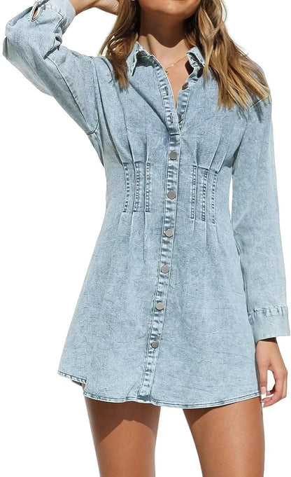 KDF Summer Denim Dress for Women Puff Sleeve Slim Fit Jean Dresses for Women 2023 Casual Sky Blue(Long Sleeve) / Medium