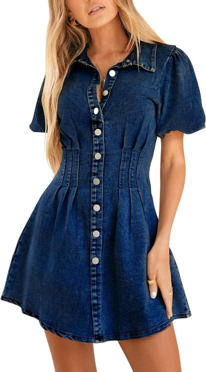 KDF Summer Denim Dress for Women Puff Sleeve Slim Fit Jean Dresses for Women 2023 Casual Navy Blue / Large