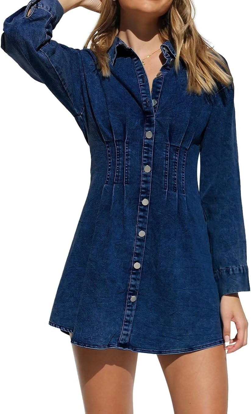 KDF Summer Denim Dress for Women Puff Sleeve Slim Fit Jean Dresses for Women 2023 Casual Navy Blue(Long Sleeve) / Small
