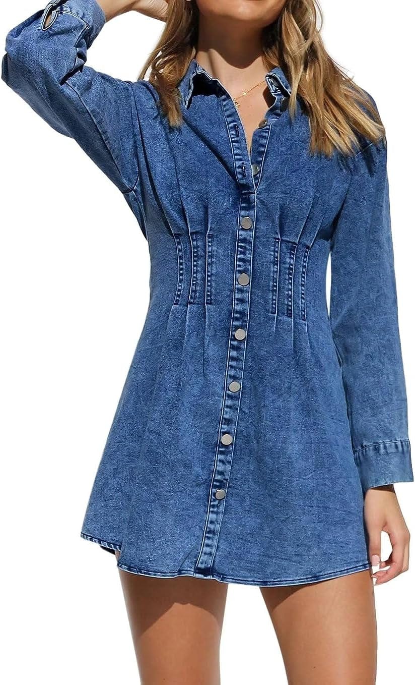 KDF Summer Denim Dress for Women Puff Sleeve Slim Fit Jean Dresses for Women 2023 Casual Medium Blue(Long Sleeve) / Medium