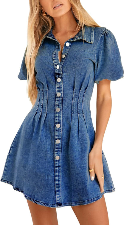KDF Summer Denim Dress for Women Puff Sleeve Slim Fit Jean Dresses for Women 2023 Casual Medium Blue / Medium