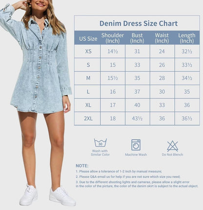 KDF Summer Denim Dress for Women Puff Sleeve Slim Fit Jean Dresses for Women 2023 Casual