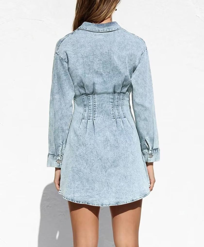 KDF Summer Denim Dress for Women Puff Sleeve Slim Fit Jean Dresses for Women 2023 Casual