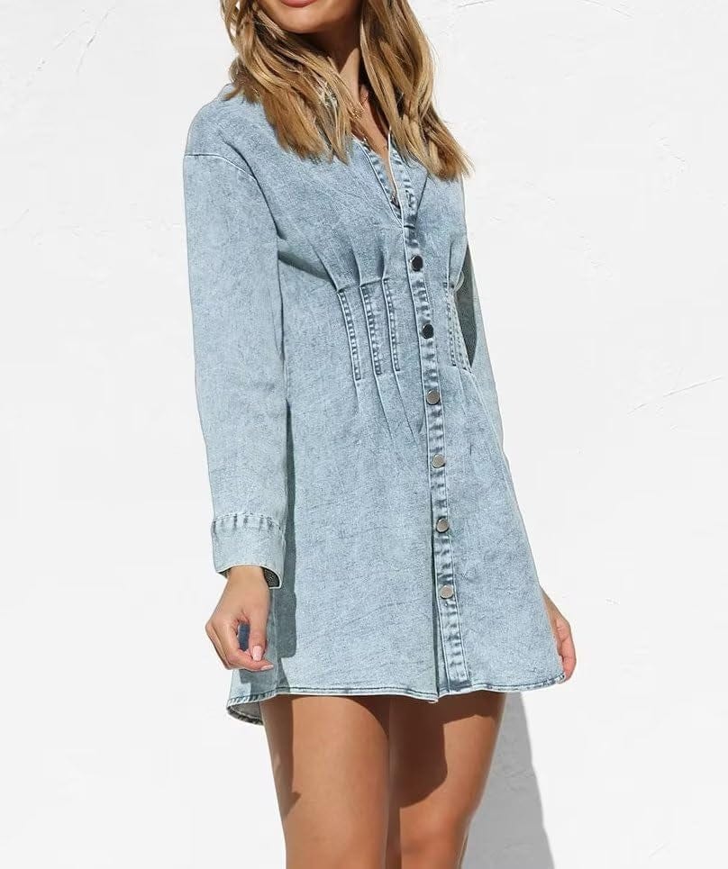 KDF Summer Denim Dress for Women Puff Sleeve Slim Fit Jean Dresses for Women 2023 Casual