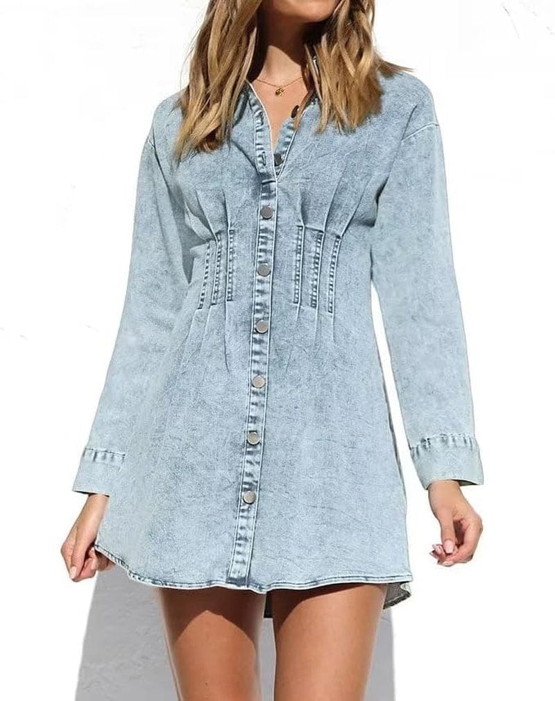 KDF Summer Denim Dress for Women Puff Sleeve Slim Fit Jean Dresses for Women 2023 Casual
