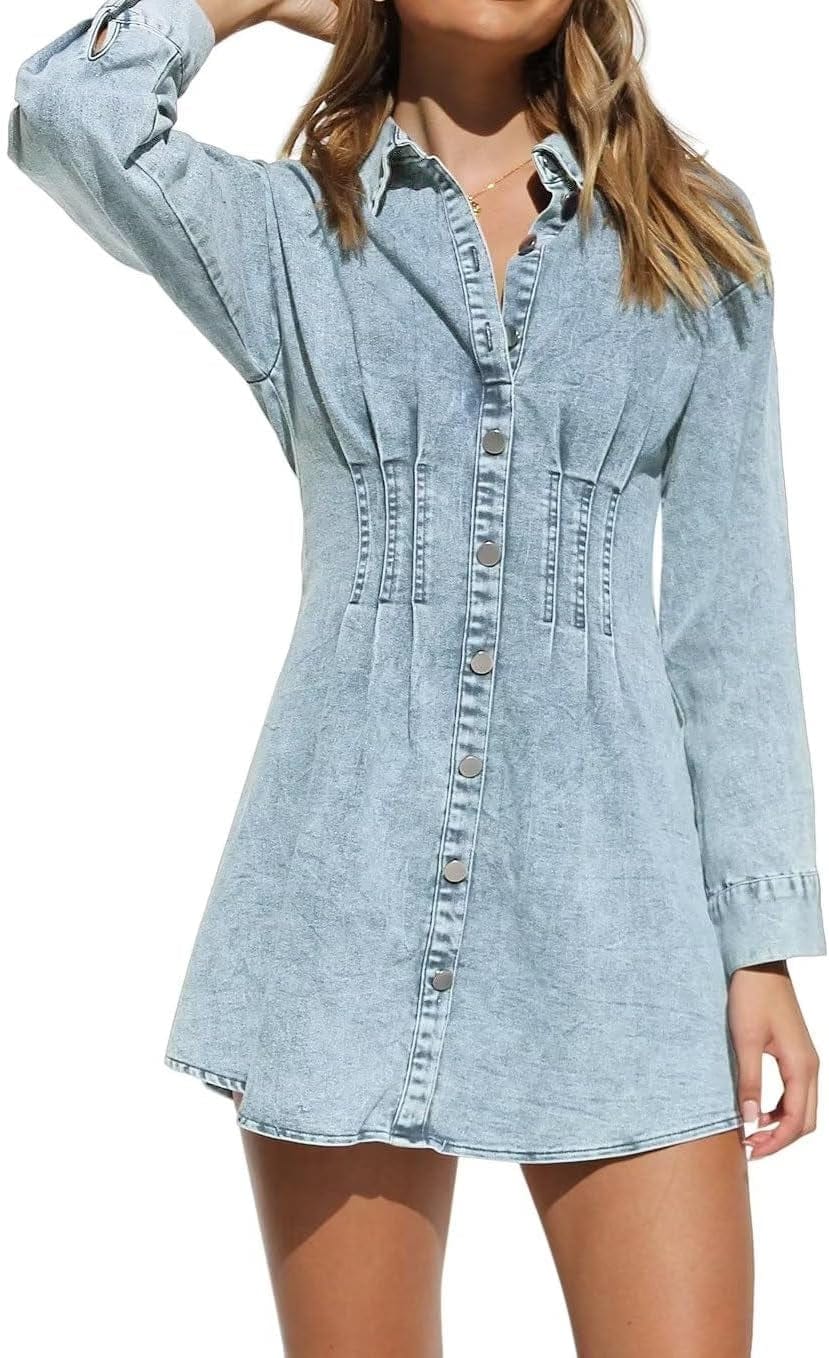 KDF Summer Denim Dress for Women Puff Sleeve Slim Fit Jean Dresses for Women 2023 Casual