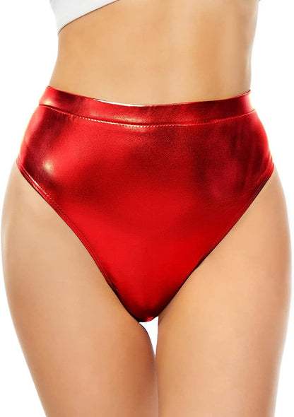 Kepblom Women'S Thong Metallic Rave Bottoms Shiny High Waisted Panties for Festival Clubwear Dancing Red / Large