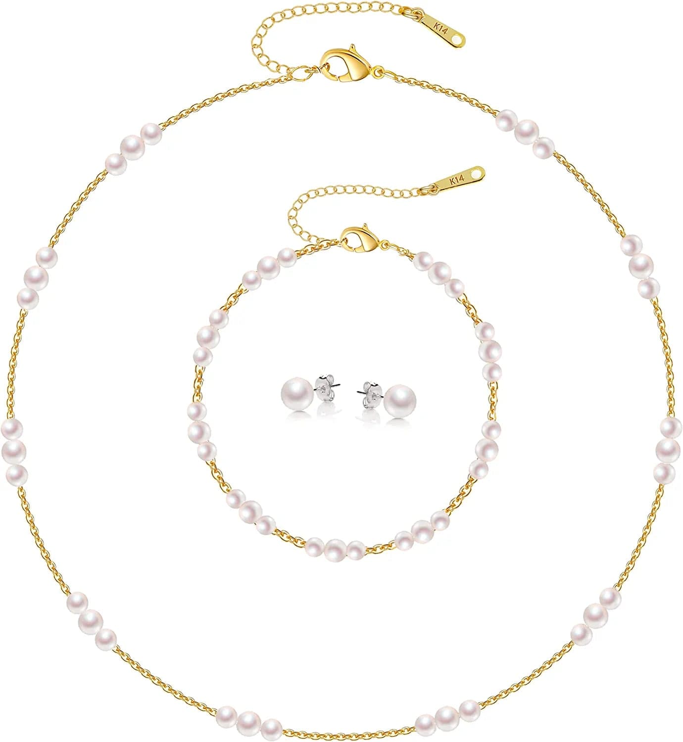 Kesaplan Pearl Necklace Set,14K Gold Plated Adjustable Pearl Choker Necklace and Pearl Bracelet Pearl Earrings Jewelry Set for Women B-Gold