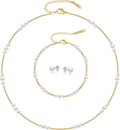 Kesaplan Pearl Necklace Set,14K Gold Plated Adjustable Pearl Choker Necklace and Pearl Bracelet Pearl Earrings Jewelry Set for Women B-Gold