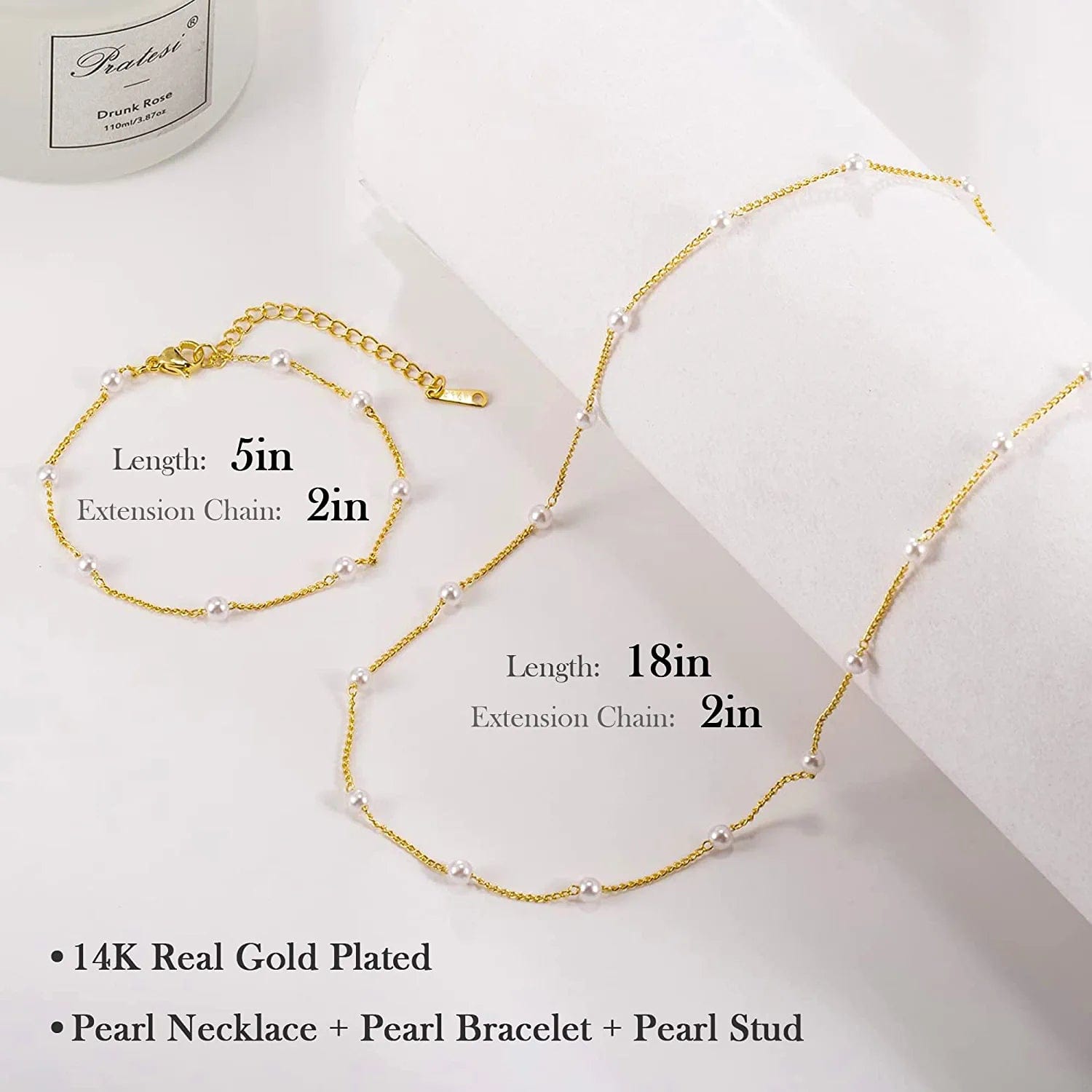 Kesaplan Pearl Necklace Set,14K Gold Plated Adjustable Pearl Choker Necklace and Pearl Bracelet Pearl Earrings Jewelry Set for Women