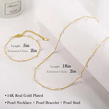 Kesaplan Pearl Necklace Set,14K Gold Plated Adjustable Pearl Choker Necklace and Pearl Bracelet Pearl Earrings Jewelry Set for Women