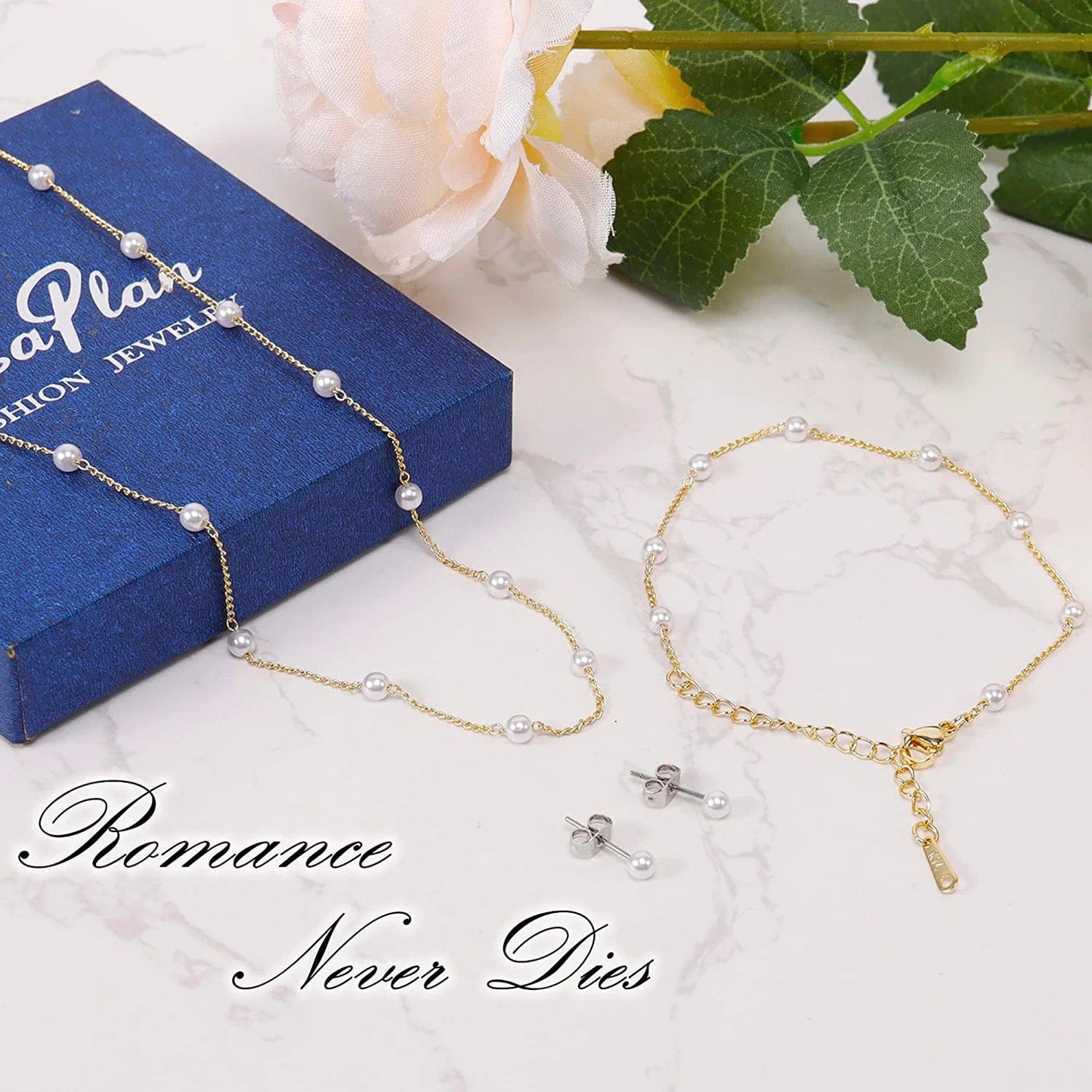 Kesaplan Pearl Necklace Set,14K Gold Plated Adjustable Pearl Choker Necklace and Pearl Bracelet Pearl Earrings Jewelry Set for Women