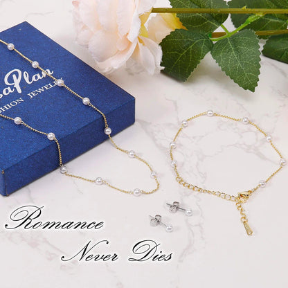 Kesaplan Pearl Necklace Set,14K Gold Plated Adjustable Pearl Choker Necklace and Pearl Bracelet Pearl Earrings Jewelry Set for Women