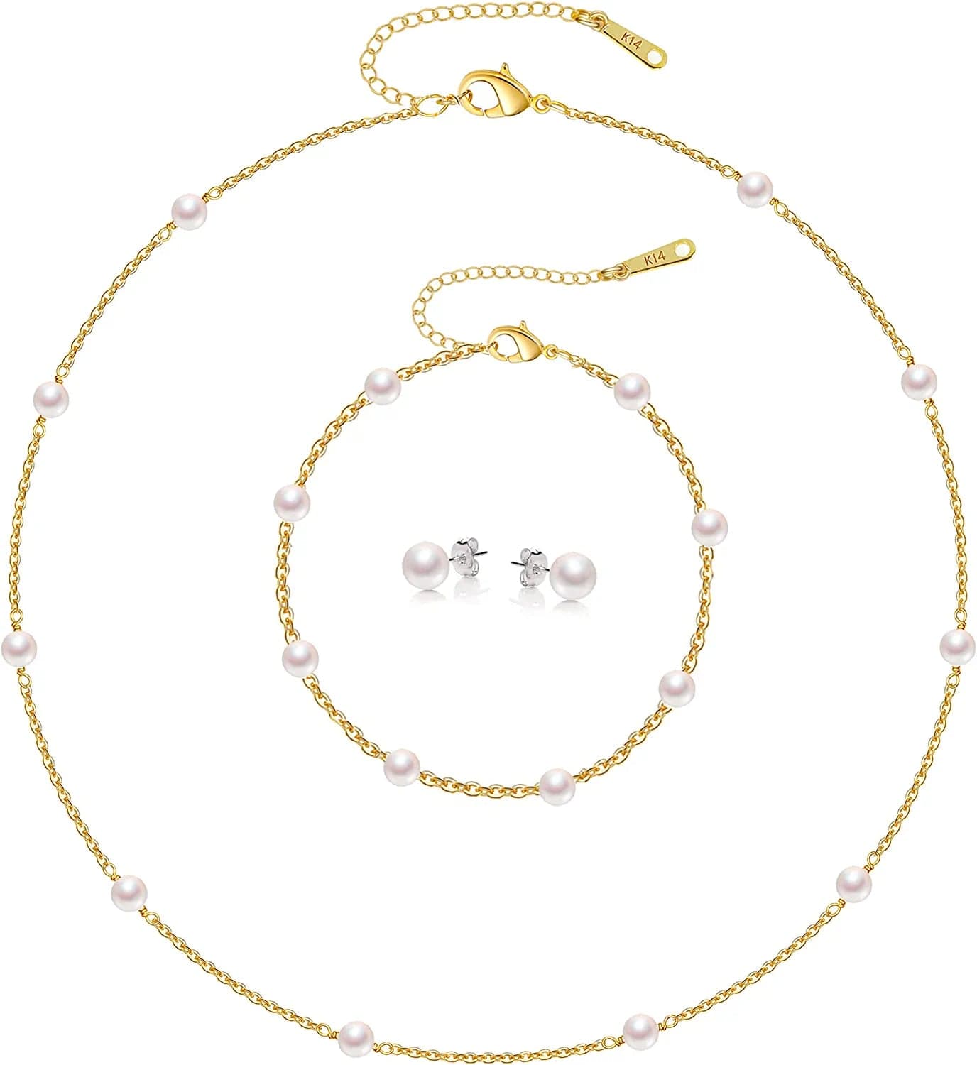 Kesaplan Pearl Necklace Set,14K Gold Plated Adjustable Pearl Choker Necklace and Pearl Bracelet Pearl Earrings Jewelry Set for Women A-Gold