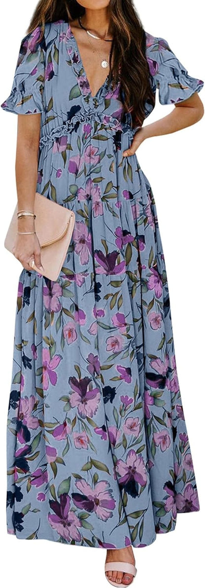 KIFOVEN Women'S Floral Deep V Neck Ruffle Short Sleeve Tiered Flowy Maxi Dress Light Blue / Small
