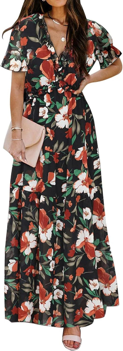 KIFOVEN Women'S Floral Deep V Neck Ruffle Short Sleeve Tiered Flowy Maxi Dress Black / Small
