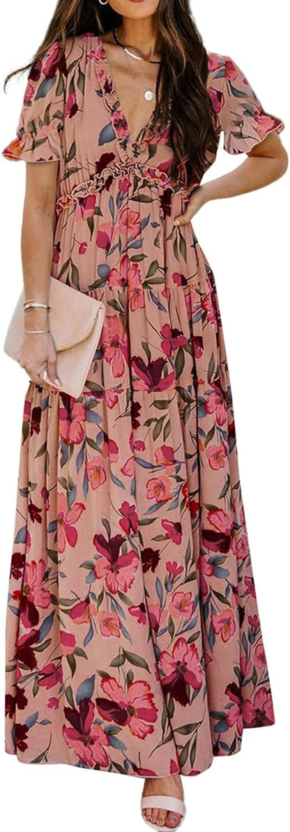 KIFOVEN Women'S Floral Deep V Neck Ruffle Short Sleeve Tiered Flowy Maxi Dress Red / Small