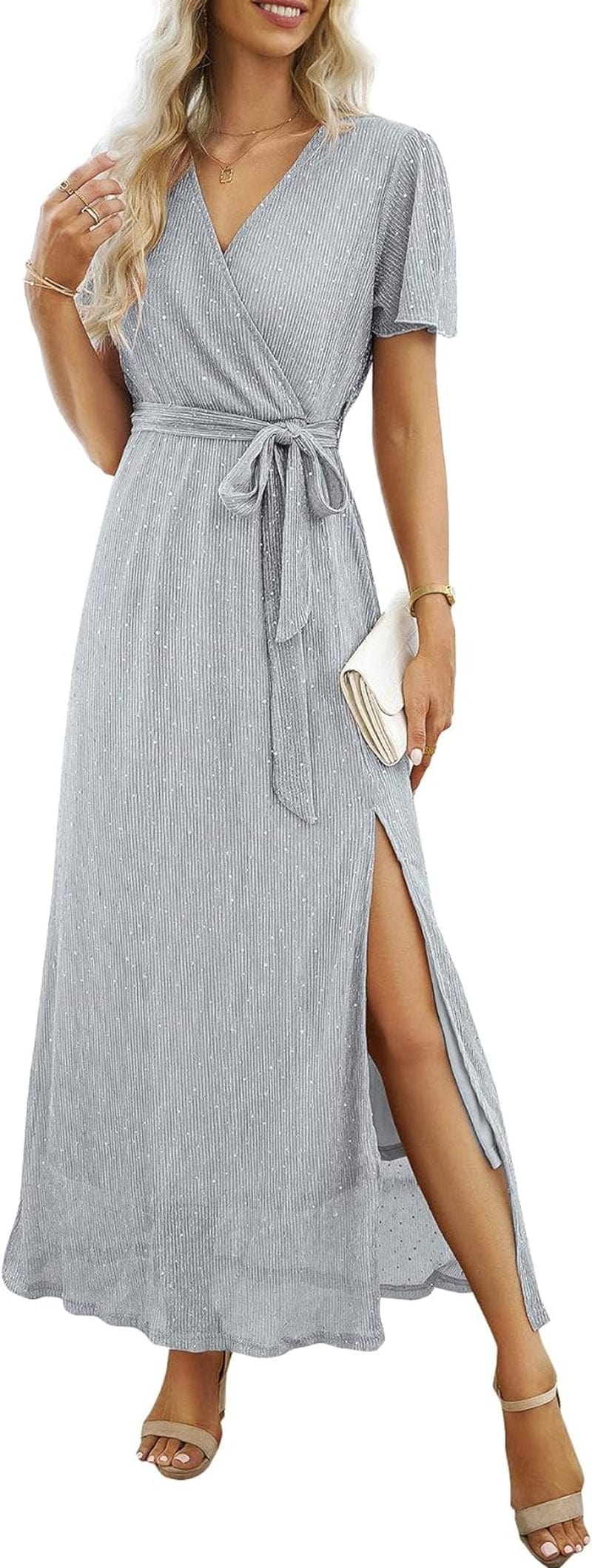 KIFOVEN Women'S Glitter Mesh Wrap V Neck Ruffle Short Sleeve Tie Split Long Dress
