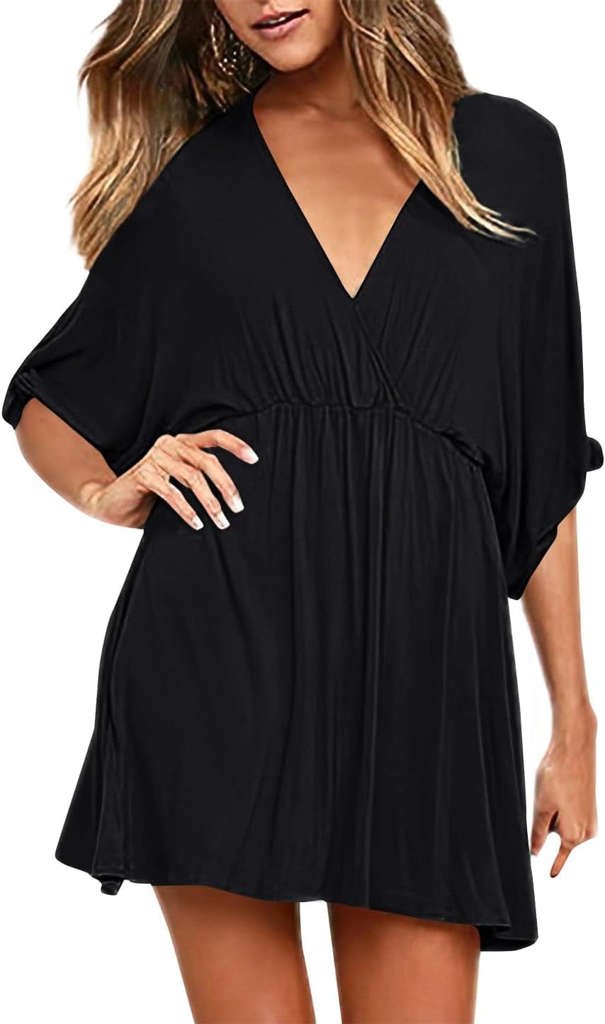 KIFOVEN Women'S Half Split Sleeve Wrap V Neck Ruffle a Line Swing Party Mini Dress Black / Medium