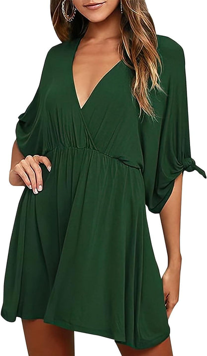 KIFOVEN Women'S Half Split Sleeve Wrap V Neck Ruffle a Line Swing Party Mini Dress